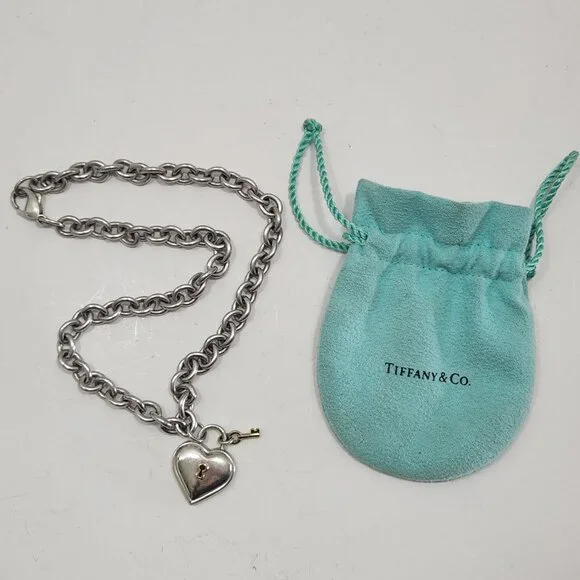 Vintage 1994 Tiffany & Co. Sterling Silver/18K Yellow Gold Heart W/Key Link Nck - Picture 5 of 7